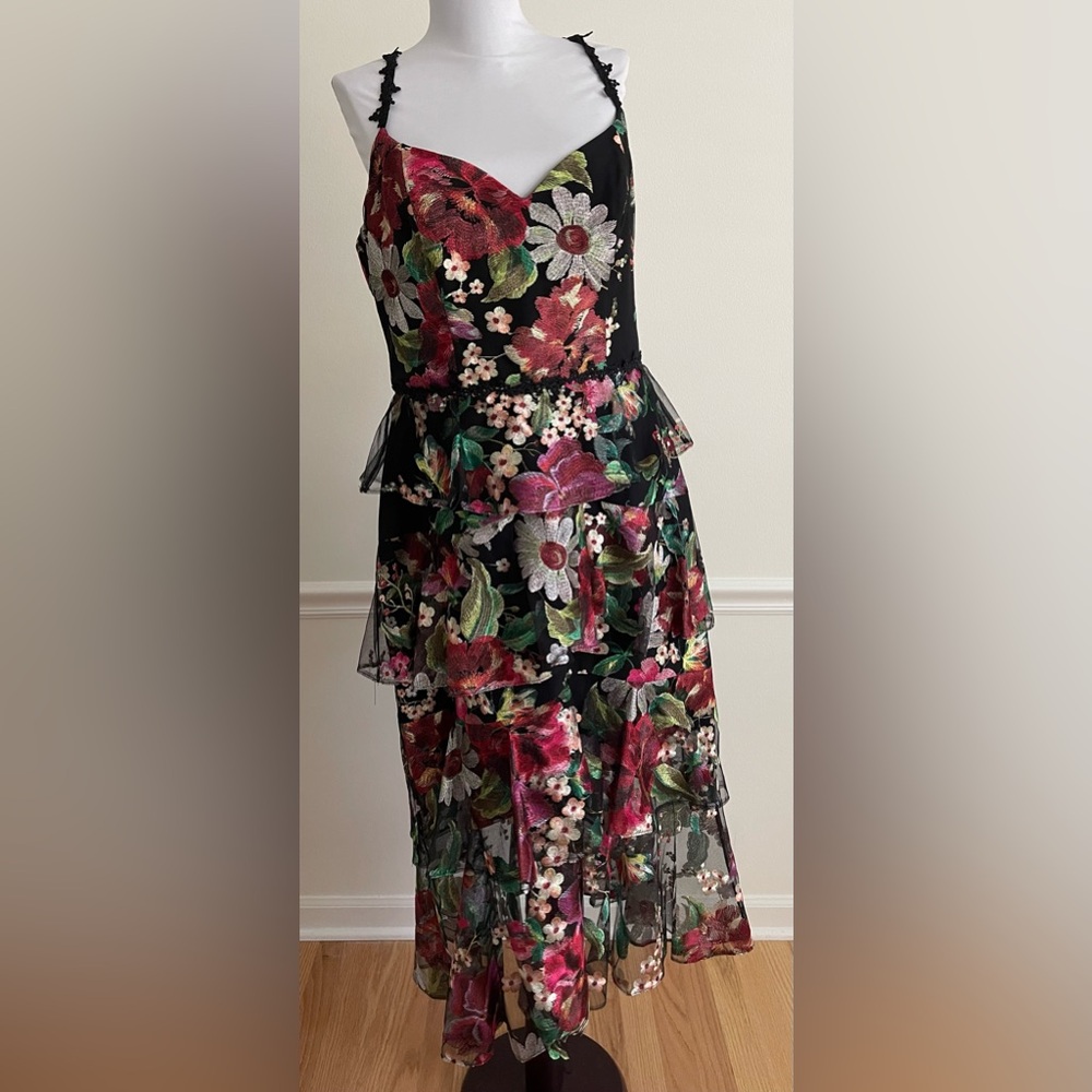 Marchesa Notte Tiered Floral-Embroidered Dress Black - Picture 4 of 6